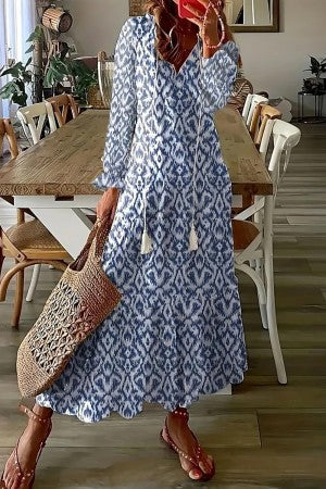 Florence | Long Sleeve V Neck Geometric Print Relaxed Boho Maxi Dress