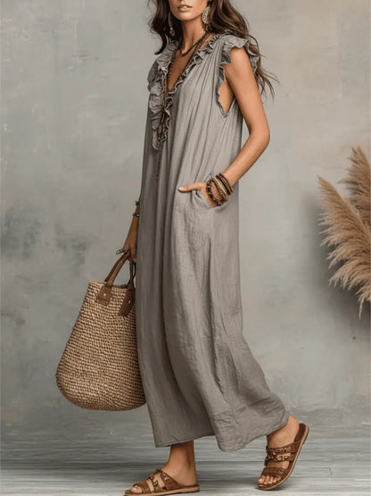 Priscilla | Ruffle V Neck Sleeveless Linen Blend Casual Maxi Dress