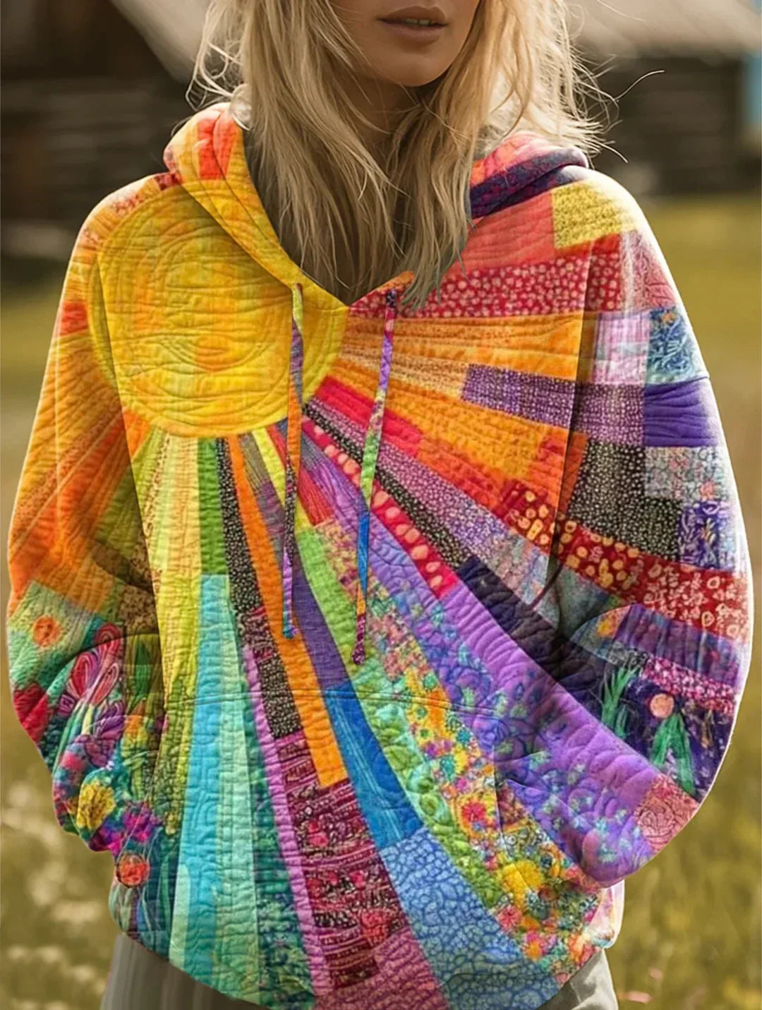 Delphine Rosewind | Women's Bohemian Patchwork Sunburst Hooded Hoodie