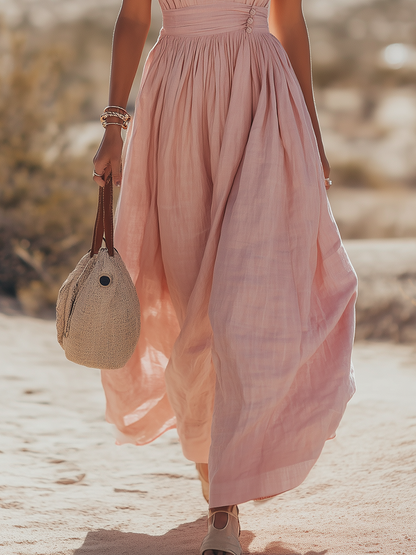 Ravenna | Deep V Halter Neck Ruched Waist A Line Elegant Maxi Dress