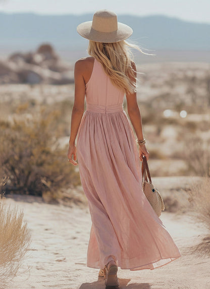 Ravenna | Deep V Halter Neck Ruched Waist A Line Elegant Maxi Dress