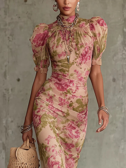 Rowan | Floral Print Mock Neck Puff Sleeve Ruched Ruffle Hem Elegant Maxi Dress