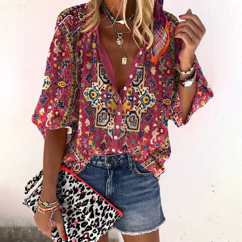 Isla | Floral Boho Print V Neck Button Down Long Sleeve Blouse