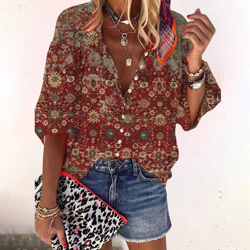 Isla | Floral Boho Print V Neck Button Down Long Sleeve Blouse