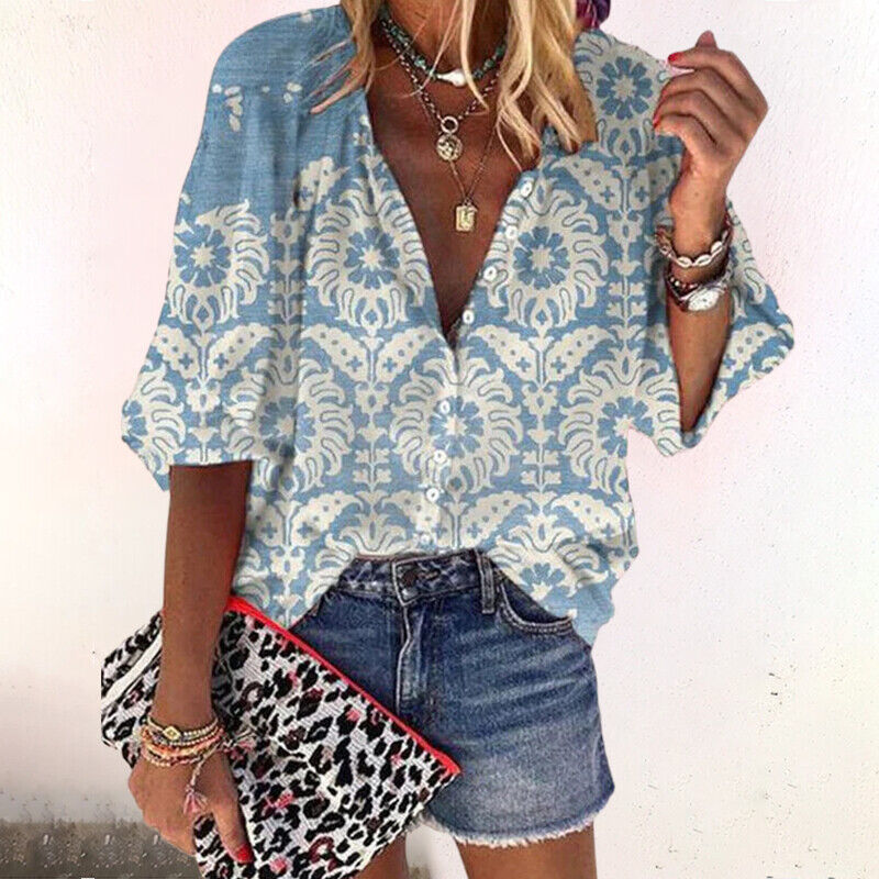 Isla | Floral Boho Print V Neck Button Down Long Sleeve Blouse