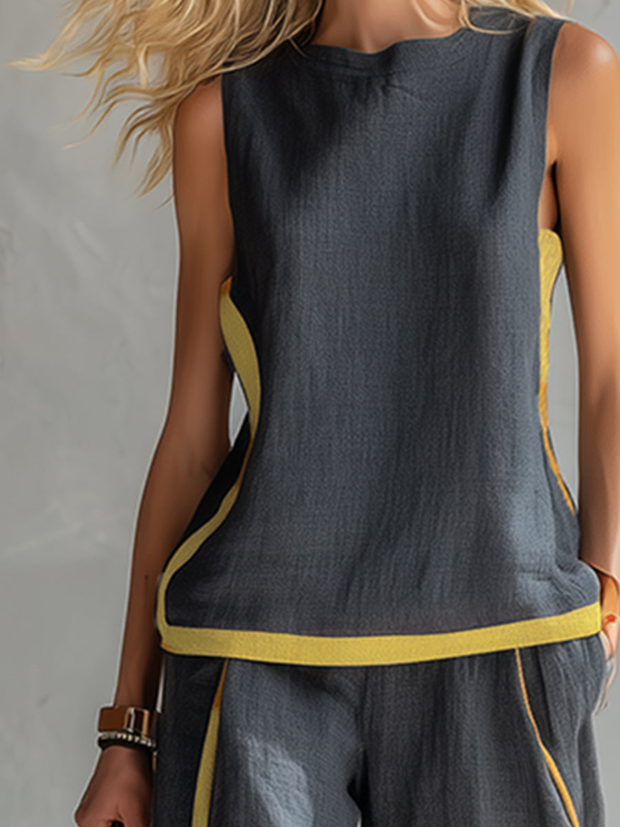 Seraphine | Contrast Trim Sleeveless Top Wide Leg Linen Blend Two Piece Set