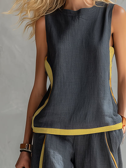 Seraphine | Contrast Trim Sleeveless Top Wide Leg Linen Blend Two Piece Set