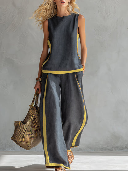 Seraphine | Contrast Trim Sleeveless Top Wide Leg Linen Blend Two Piece Set