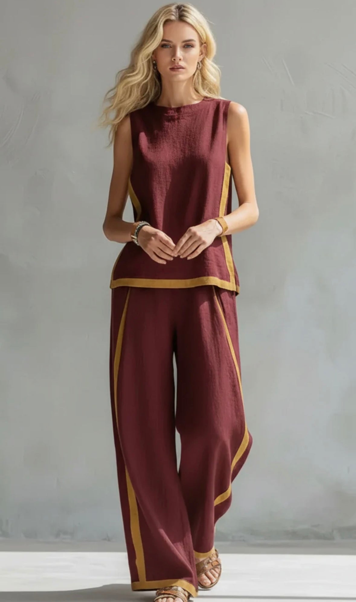 Seraphine | Contrast Trim Sleeveless Top Wide Leg Linen Blend Two Piece Set