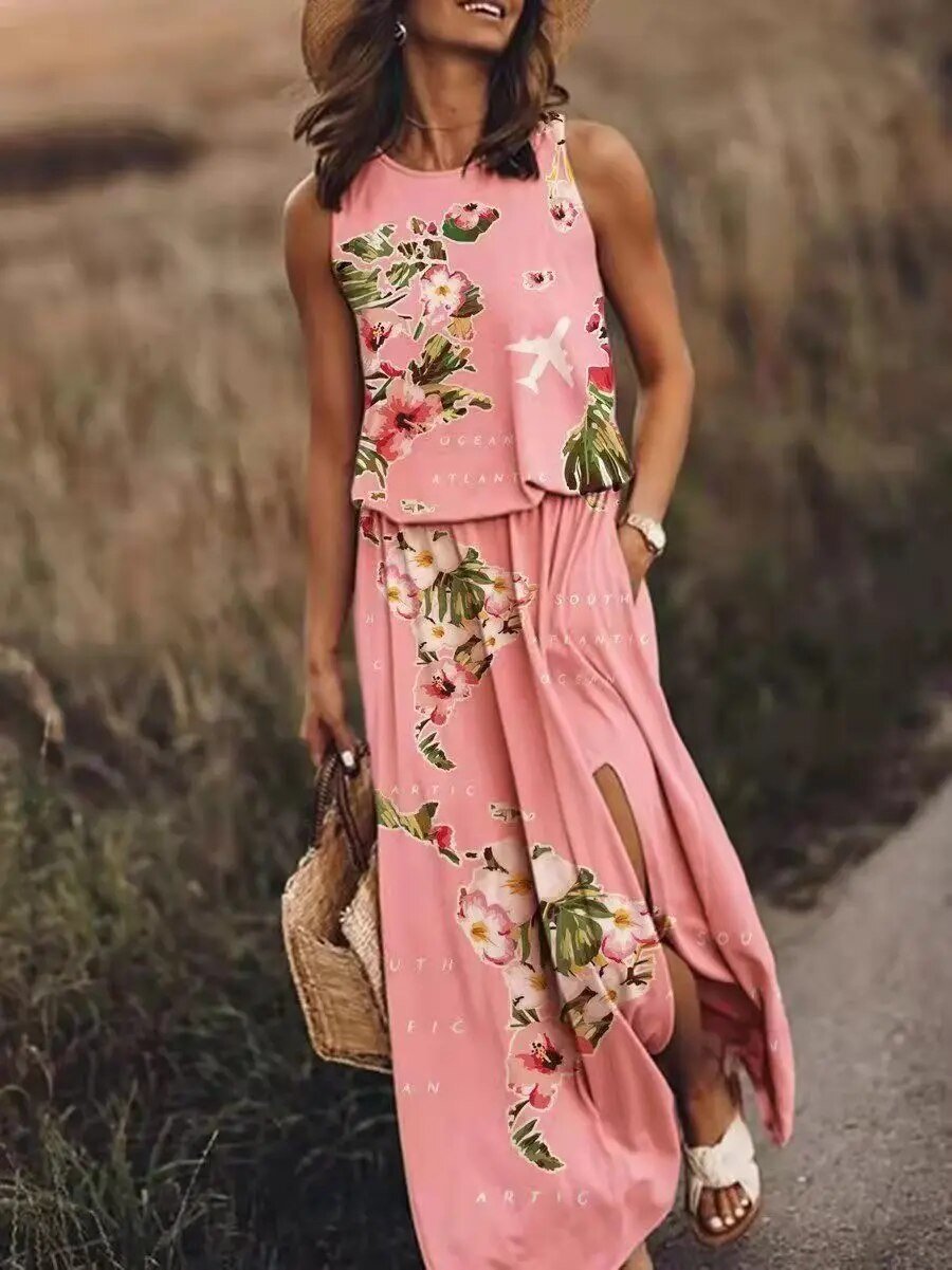 Layla | Tropical Floral Sleeveless Elastic Waist Boho Maxi Dress