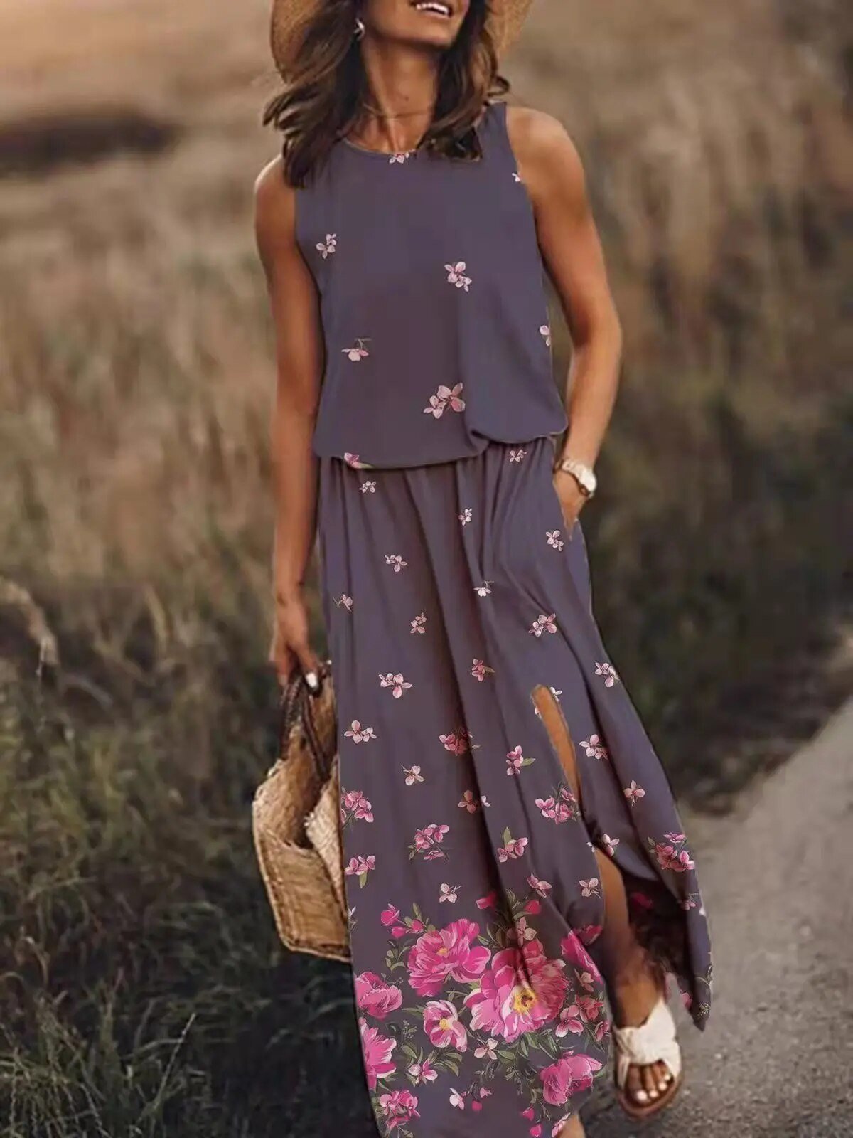 Layla | Tropical Floral Sleeveless Elastic Waist Boho Maxi Dress