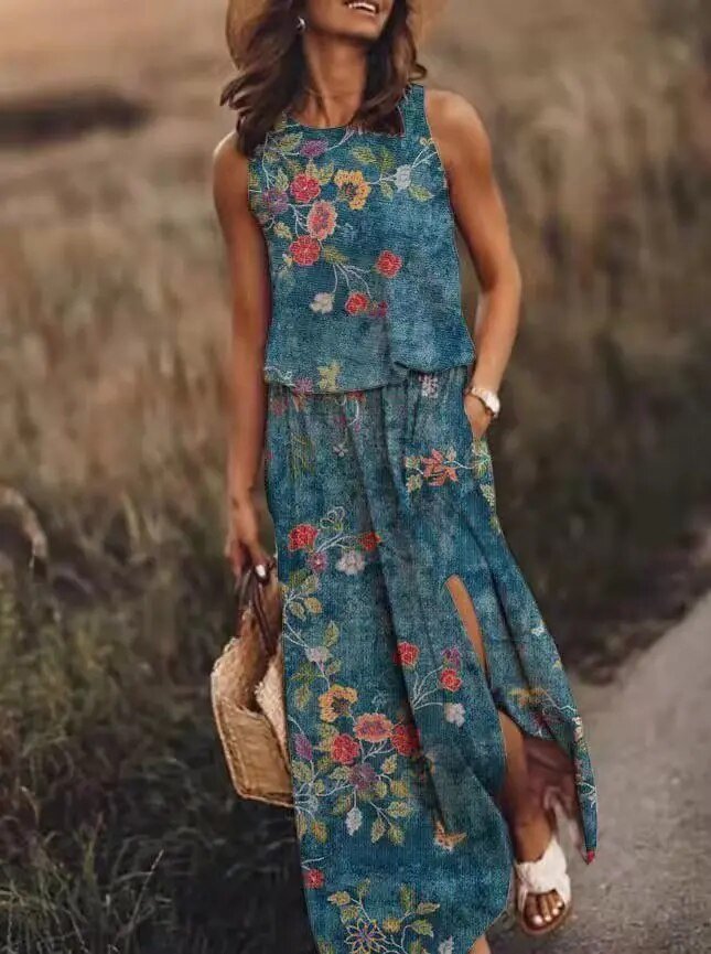 Layla | Tropical Floral Sleeveless Elastic Waist Boho Maxi Dress
