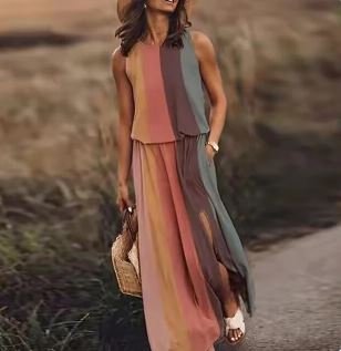 Layla | Tropical Floral Sleeveless Elastic Waist Boho Maxi Dress