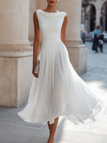 Noir | Draped Cowl Neck Sleeveless Pleated Chiffon Elegant Midi Dress