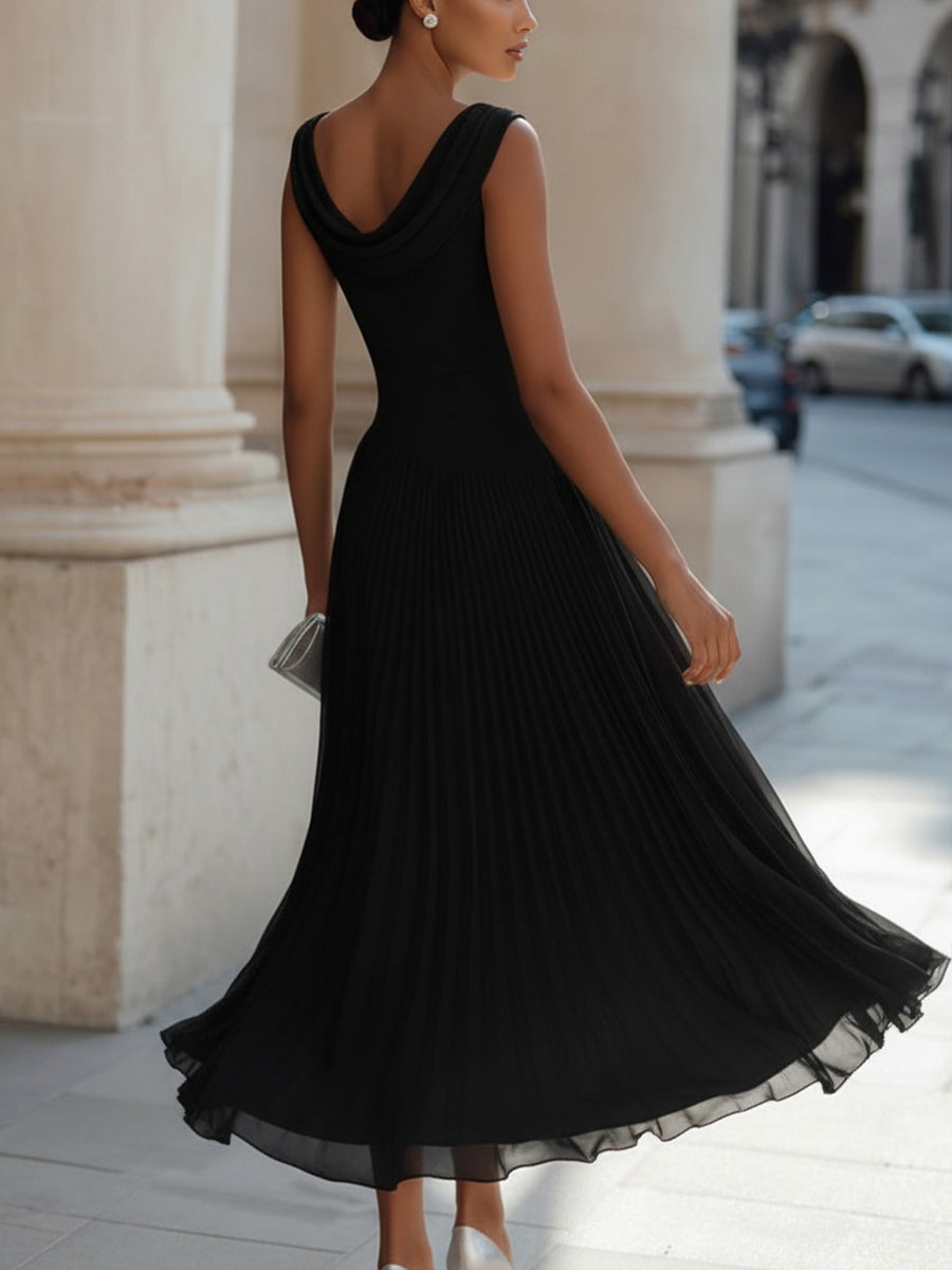 Noir | Draped Cowl Neck Sleeveless Pleated Chiffon Elegant Midi Dress