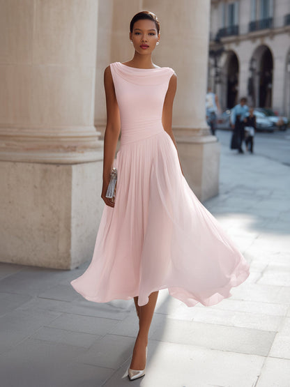 Noir | Draped Cowl Neck Sleeveless Pleated Chiffon Elegant Midi Dress