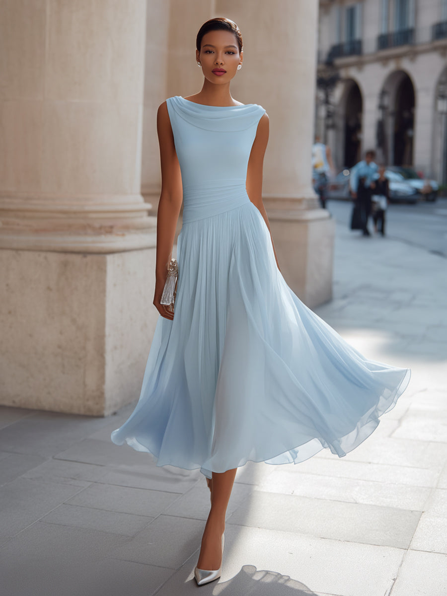 Noir | Draped Cowl Neck Sleeveless Pleated Chiffon Elegant Midi Dress