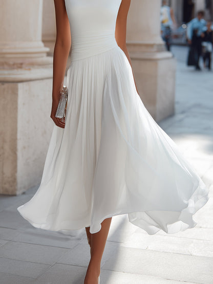 Noir | Draped Cowl Neck Sleeveless Pleated Chiffon Elegant Midi Dress