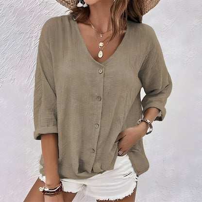 Marcia | 3/4 Sleeve V Neck Button Down Relaxed Casual Blouse