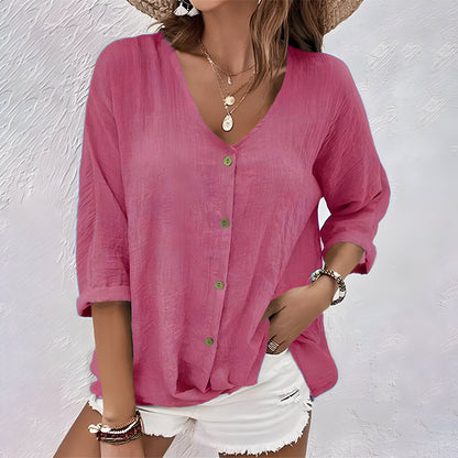 Marcia | 3/4 Sleeve V Neck Button Down Relaxed Casual Blouse