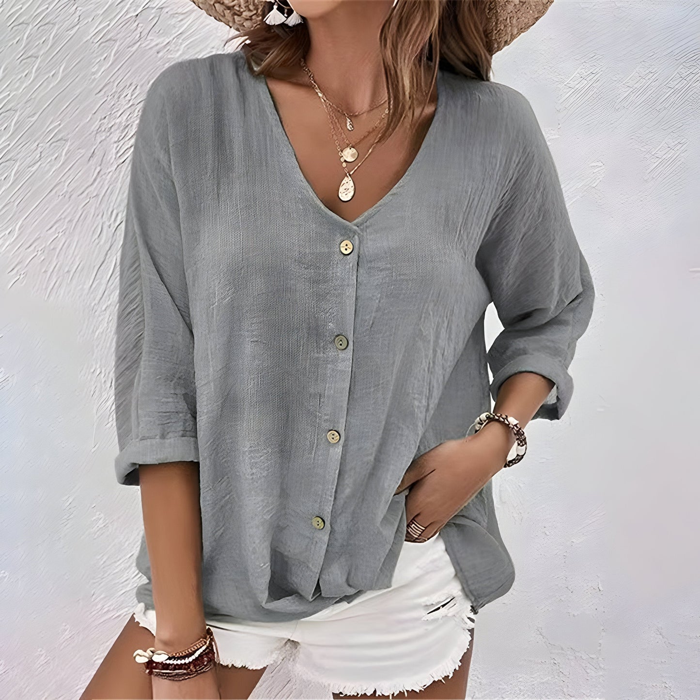 Marcia | 3/4 Sleeve V Neck Button Down Relaxed Casual Blouse