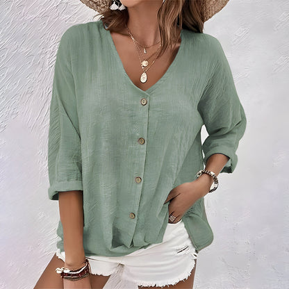Marcia | 3/4 Sleeve V Neck Button Down Relaxed Casual Blouse