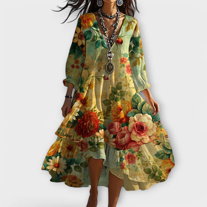 Flora | 3/4 Sleeve Floral V Neck Tiered Boho Midi Dress