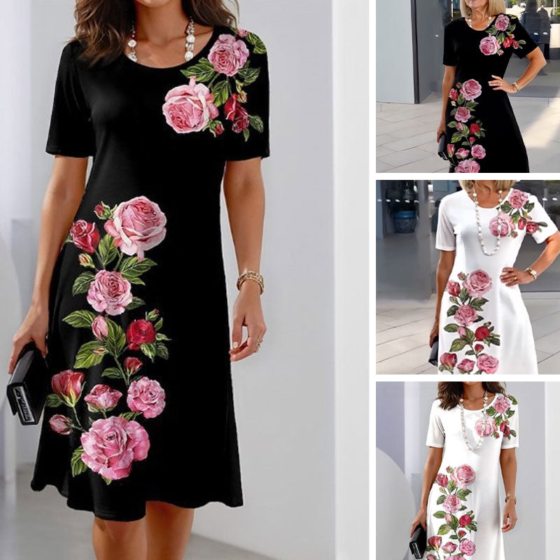 Alexa | Short Sleeve Scoop Neck Rose Floral Print Relaxed Casual Dress