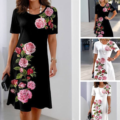 Alexa | Short Sleeve Scoop Neck Rose Floral Print Relaxed Casual Dress