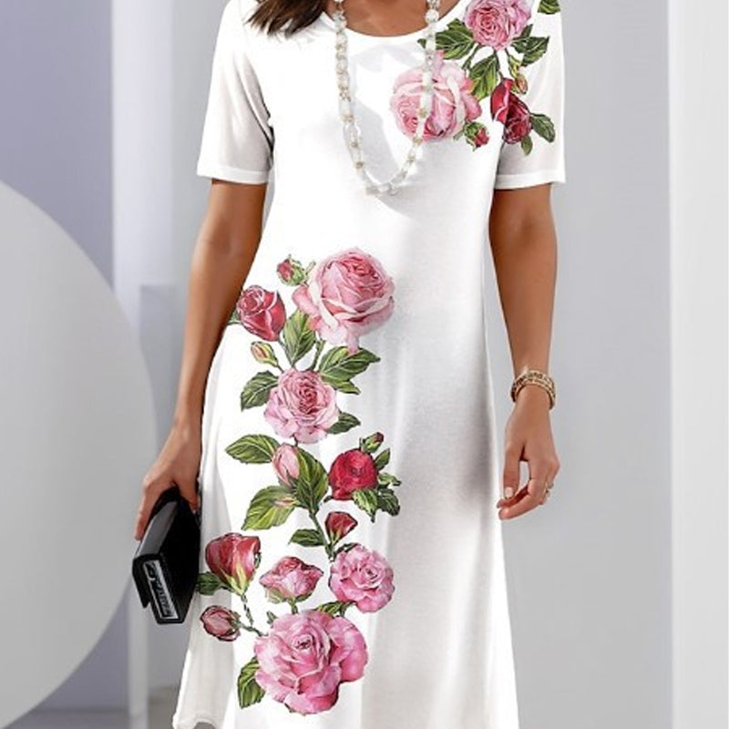 Alexa | Short Sleeve Scoop Neck Rose Floral Print Relaxed Casual Dress