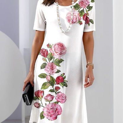 Alexa | Short Sleeve Scoop Neck Rose Floral Print Relaxed Casual Dress
