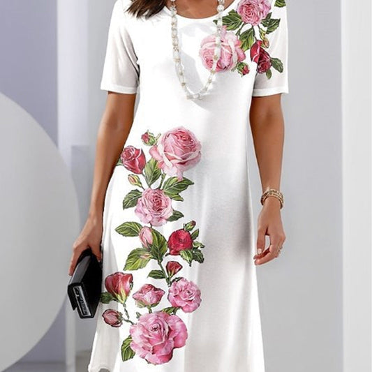 Alexa | Short Sleeve Scoop Neck Rose Floral Print Relaxed Casual Dress