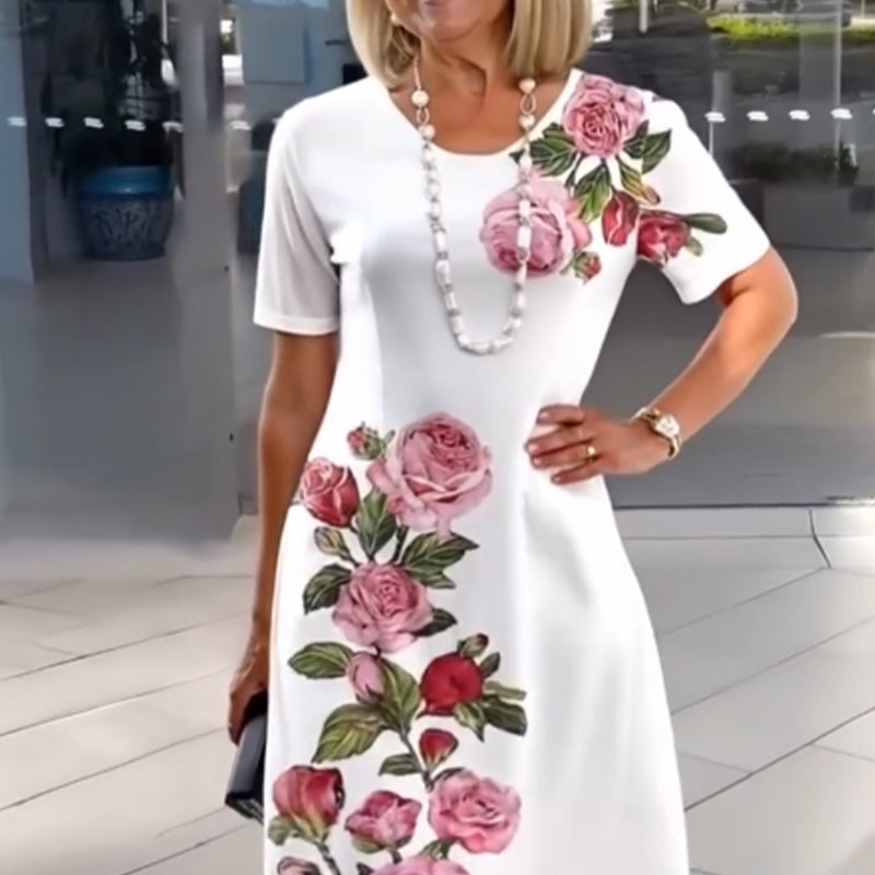 Alexa | Short Sleeve Scoop Neck Rose Floral Print Relaxed Casual Dress