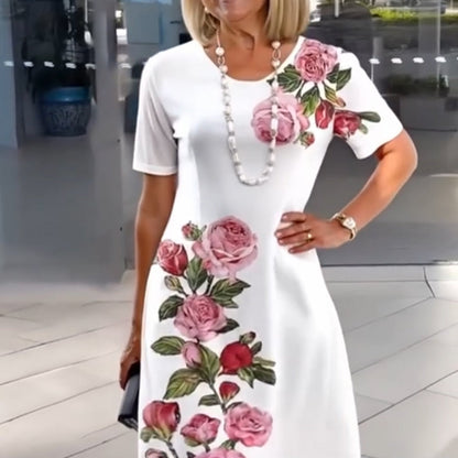Alexa | Short Sleeve Scoop Neck Rose Floral Print Relaxed Casual Dress