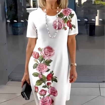Alexa | Short Sleeve Scoop Neck Rose Floral Print Relaxed Casual Dress