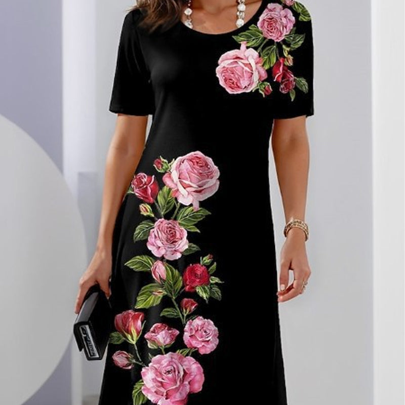 Alexa | Short Sleeve Scoop Neck Rose Floral Print Relaxed Casual Dress