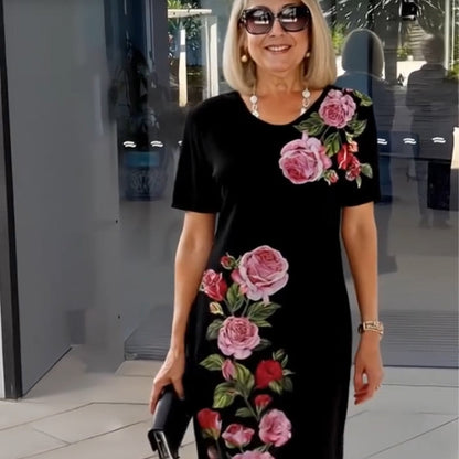 Alexa | Short Sleeve Scoop Neck Rose Floral Print Relaxed Casual Dress