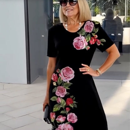 Alexa | Short Sleeve Scoop Neck Rose Floral Print Relaxed Casual Dress