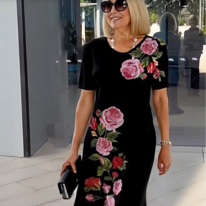 Alexa | Short Sleeve Scoop Neck Rose Floral Print Relaxed Casual Dress