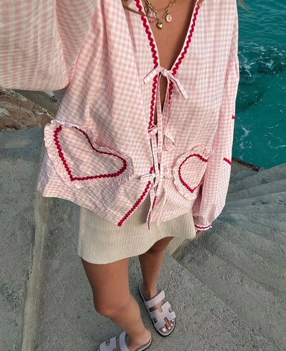 Susan | Tie Front Gingham Ruffle Trim Puff Sleeve Casual Blouse