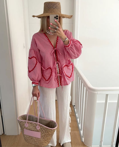 Susan | Tie Front Gingham Ruffle Trim Puff Sleeve Casual Blouse