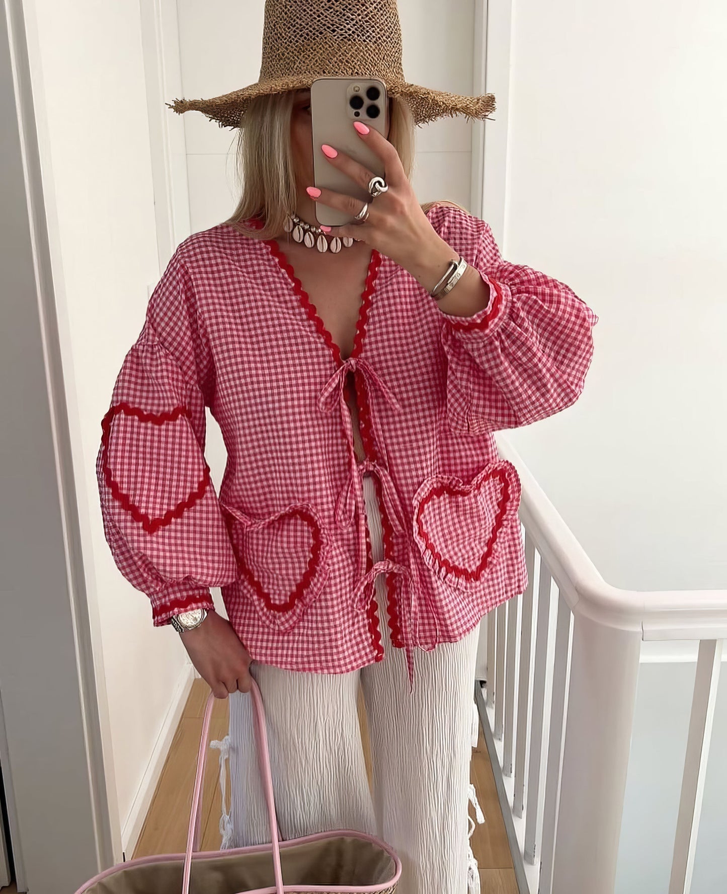 Susan | Tie Front Gingham Ruffle Trim Puff Sleeve Casual Blouse