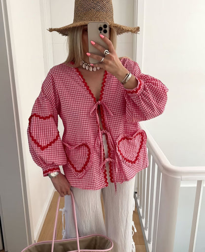 Susan | Tie Front Gingham Ruffle Trim Puff Sleeve Casual Blouse