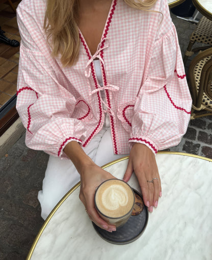 Susan | Tie Front Gingham Ruffle Trim Puff Sleeve Casual Blouse