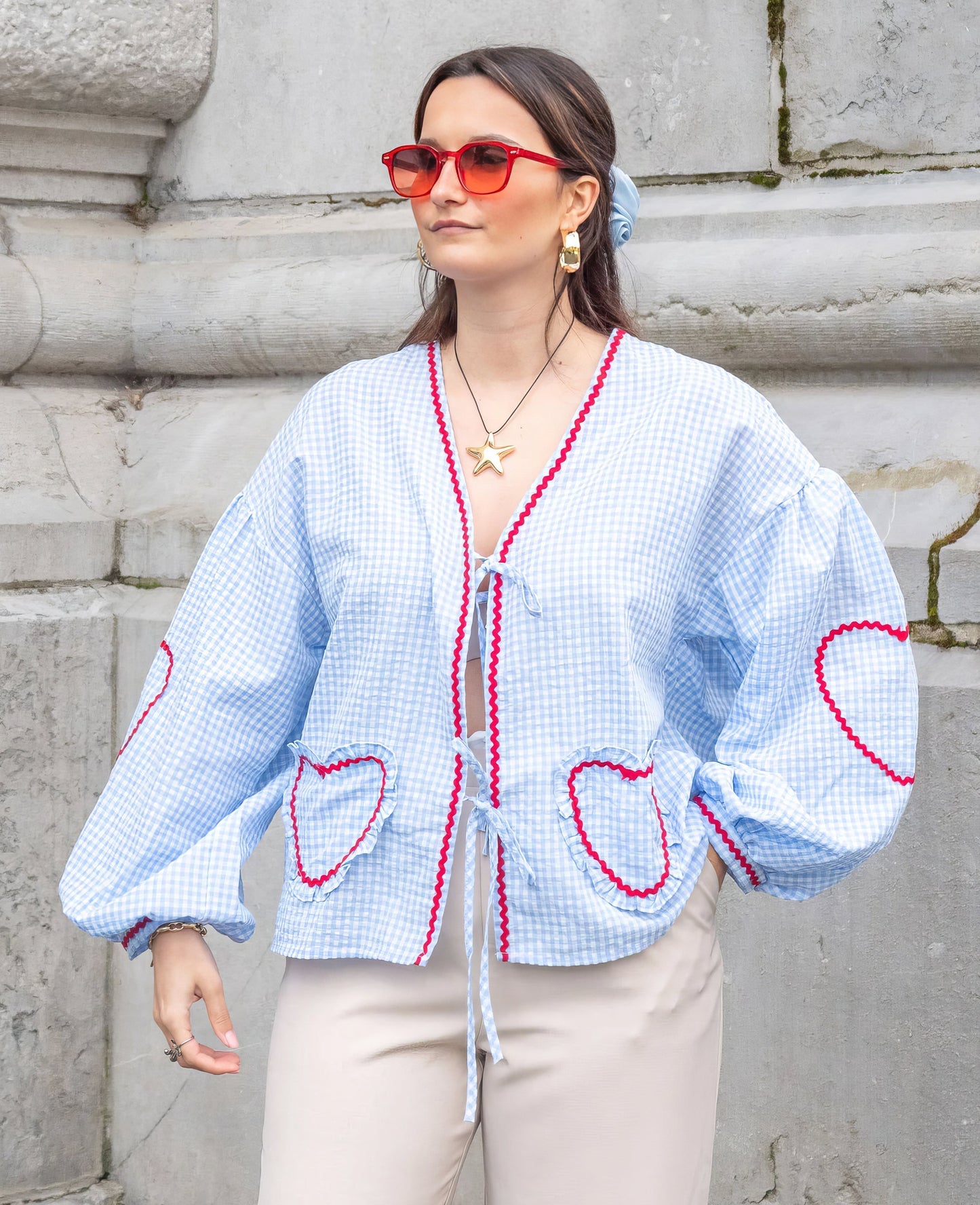 Susan | Tie Front Gingham Ruffle Trim Puff Sleeve Casual Blouse