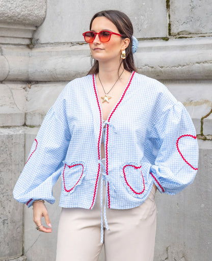 Susan | Tie Front Gingham Ruffle Trim Puff Sleeve Casual Blouse