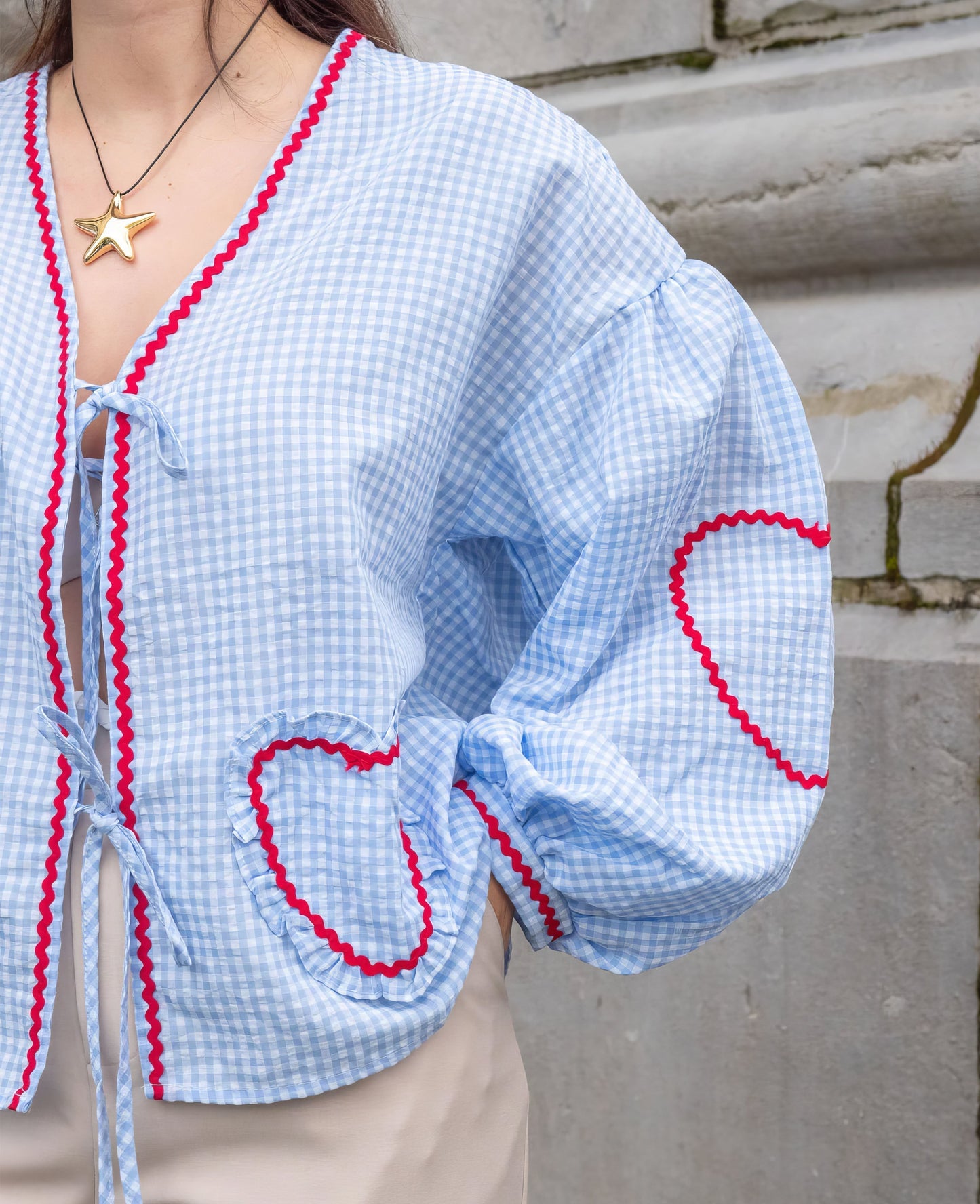 Susan | Tie Front Gingham Ruffle Trim Puff Sleeve Casual Blouse