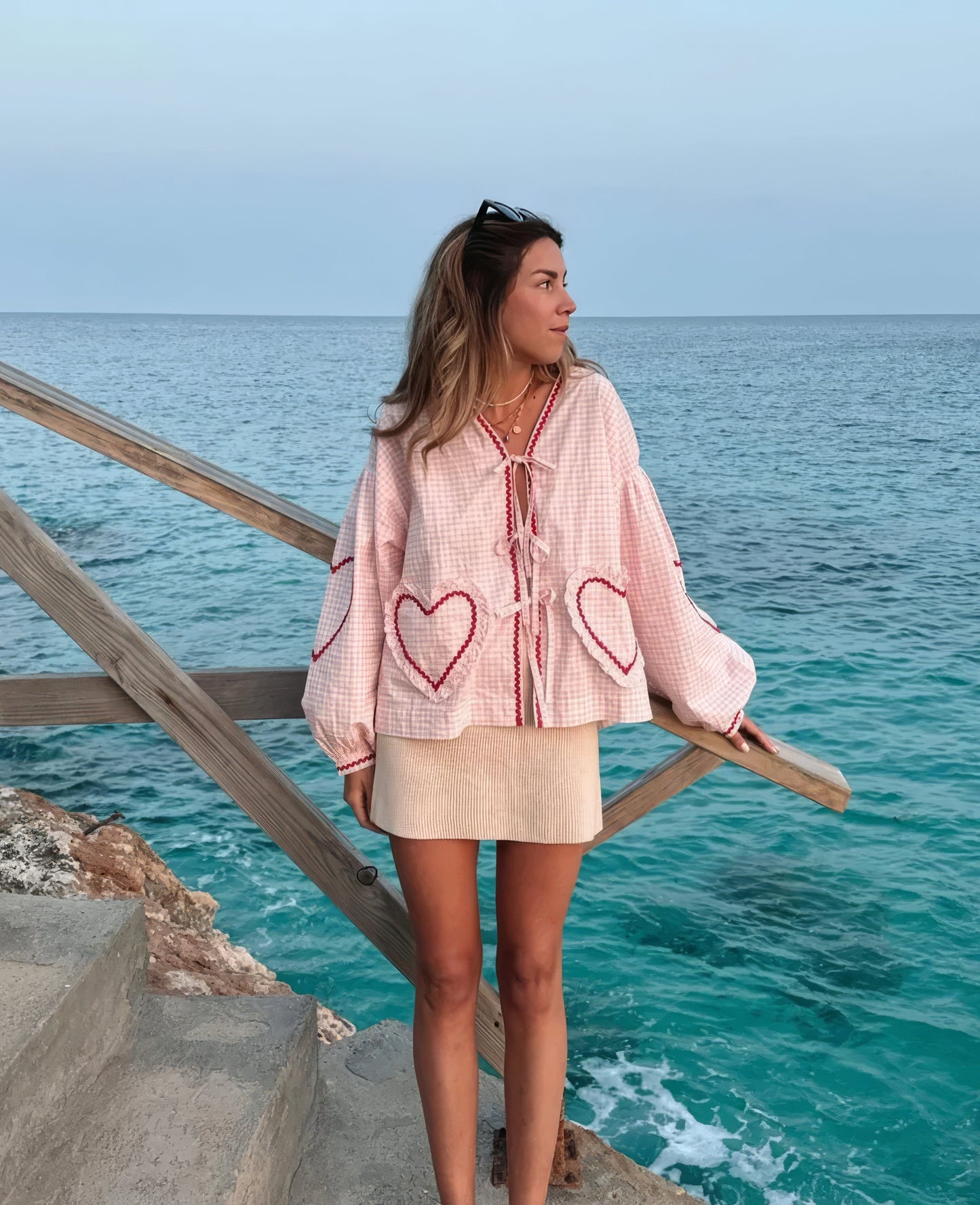 Susan | Tie Front Gingham Ruffle Trim Puff Sleeve Casual Blouse