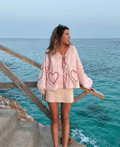 Susan | Tie Front Gingham Ruffle Trim Puff Sleeve Casual Blouse