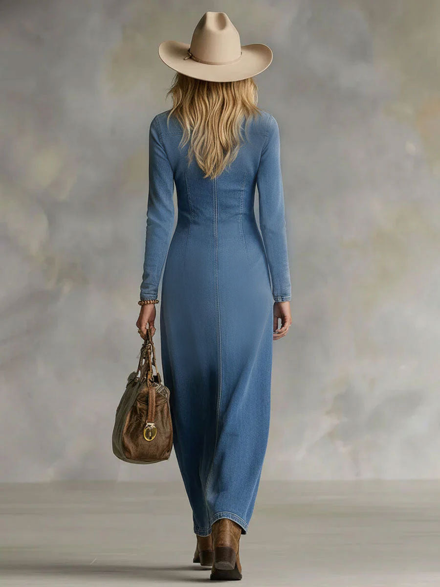 Talia | Denim Deep V Neck Button Front Long Sleeve Side Slit Maxi Dress